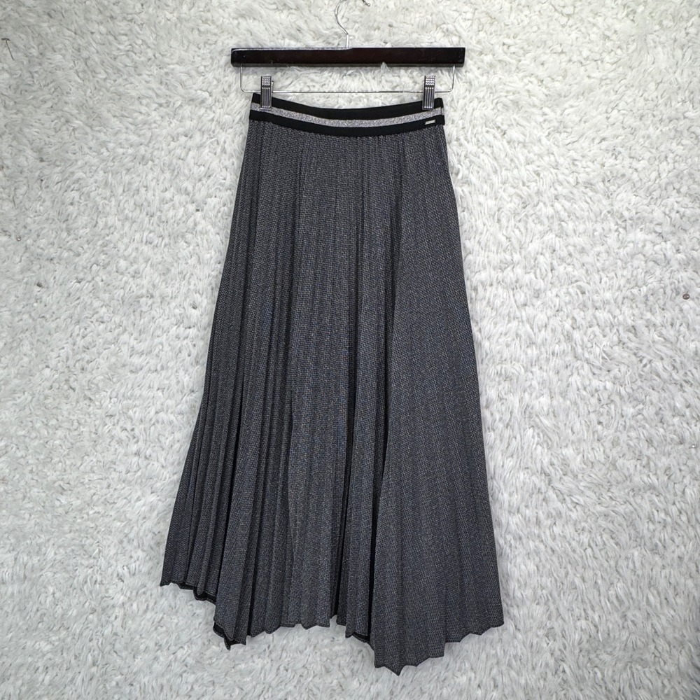 IKKS Pleated Midi Skirt Size 2 XS Silver Metallic Accordion Glam Party Sparkly